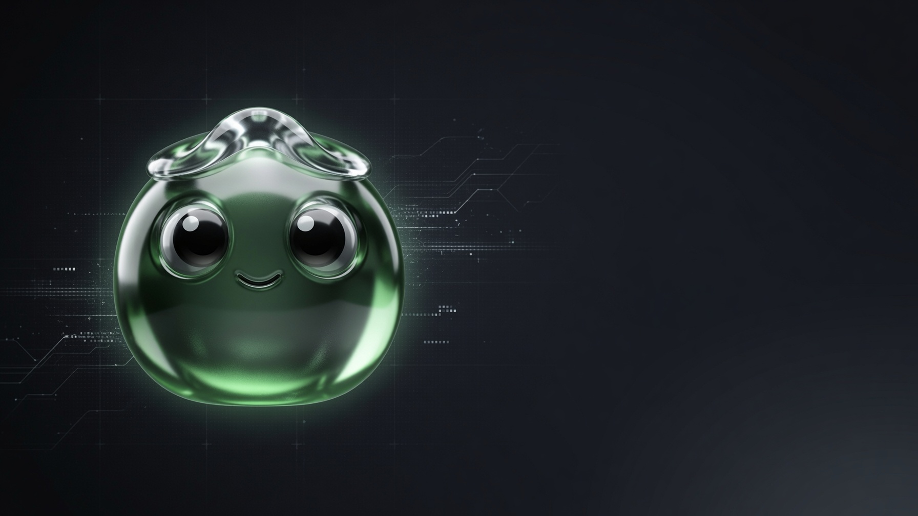 Ponblo — glossy green chrome blob with glass cap on a dark tech circuit board